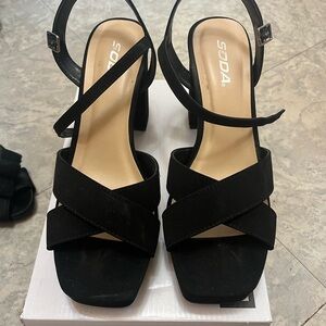 Soda Black Crisscross Ankle Strap Block Heel Sandals